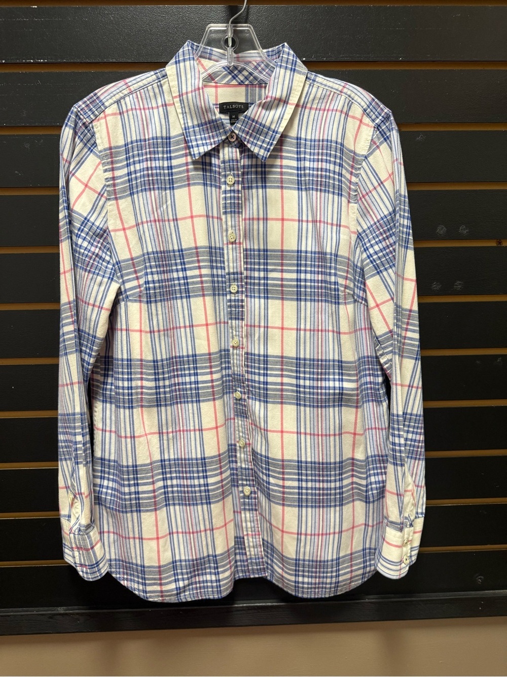 Talbots Plaid Button Front Shirt 100% Cotton Blue Pink Medium - Picture 1 of 4